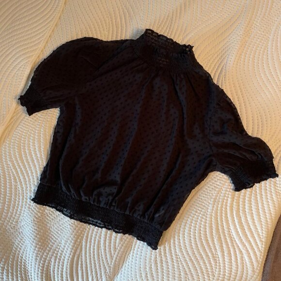Black Sheer Blouse with polka dot texture, mock neck, and cute puff sleeves🍸🖤 - Picture 1 of 1